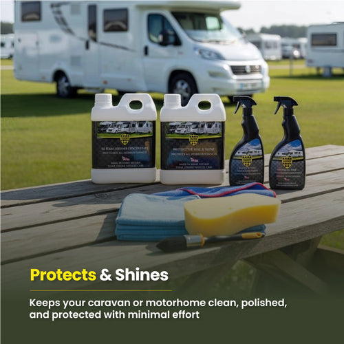 Protex Caravan & Motorhome Advanced Complete Cleaning Kit - Hi Foam Cleaner Concentrate 1 Ltr., Protective Seal & Shine 1 Ltr., Spirt Glass Cleaner 750ml & Plastic & Rubber Spray 750ml