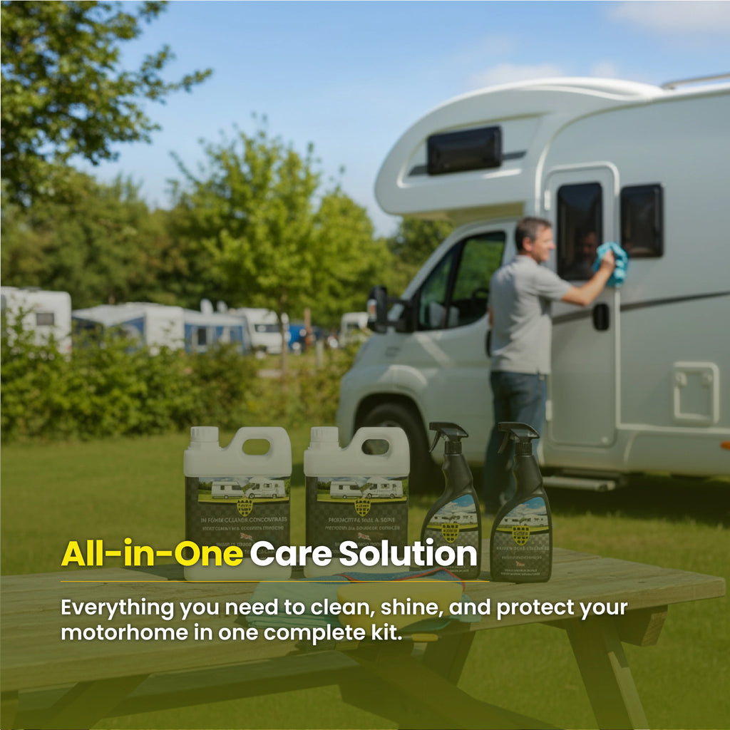 Protex Caravan & Motorhome Advanced Complete Cleaning Kit - Hi Foam Cleaner Concentrate 1 Ltr., Protective Seal & Shine 1 Ltr., Spirt Glass Cleaner 750ml & Plastic & Rubber Spray 750ml