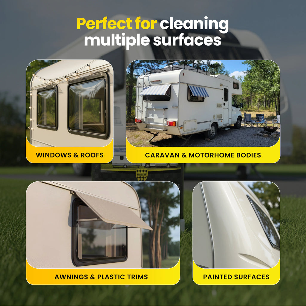 Protex Caravan & Motorhome Advanced Complete Cleaning Kit - Hi Foam Cleaner Concentrate 1 Ltr., Protective Seal & Shine 1 Ltr., Spirt Glass Cleaner 750ml & Plastic & Rubber Spray 750ml