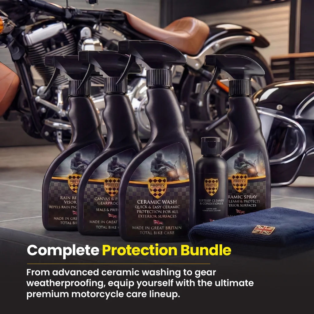 Protex All-in-One Motorcycle Care Kit Ceramic Wash, Ceramic Spray Coating, Rain Repellent Visor Spray, Leather Cleaner & Conditioner & Fabric Waterproofer