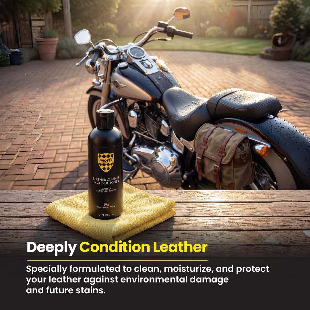 Protex Leather Cleaner & Conditioner, Conditions & Protects Motorcycle & Car Leather Seats, Saddlebags & Gear Restores Natural Leather Oils & Deeply Nourishes Surfaces – Prevents Cracking Fading-125ml