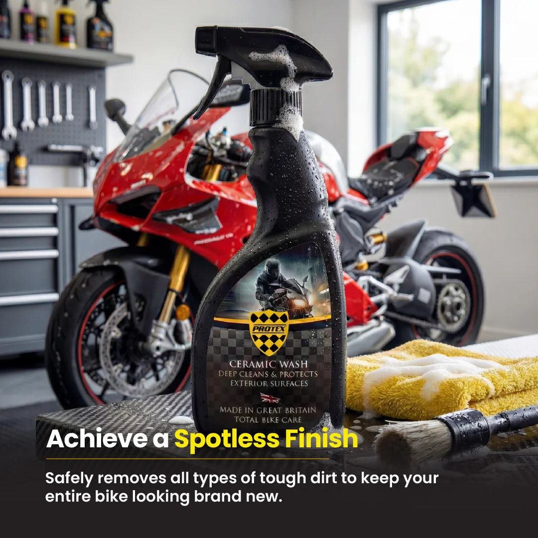Protex All-in-One Motorcycle Care Kit Ceramic Wash, Ceramic Spray Coating, Rain Repellent Visor Spray, Leather Cleaner & Conditioner & Fabric Waterproofer