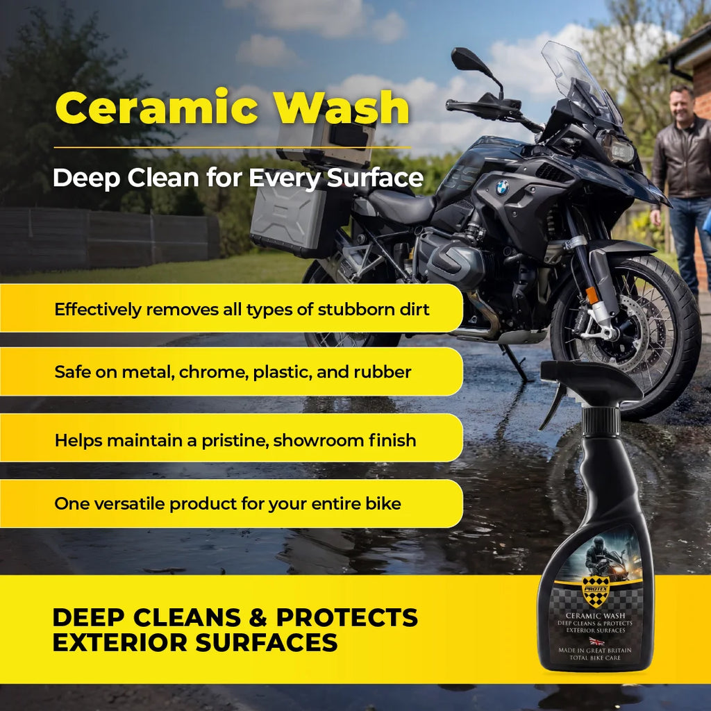 Protex All-in-One Motorcycle Care Kit Ceramic Wash, Ceramic Spray Coating, Rain Repellent Visor Spray, Leather Cleaner & Conditioner & Fabric Waterproofer