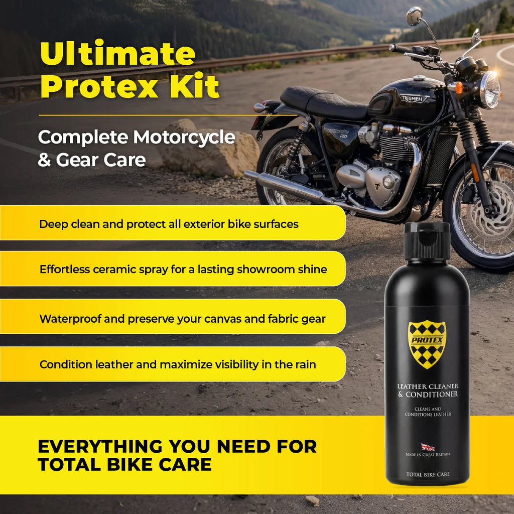 Protex All-in-One Motorcycle Care Kit Ceramic Wash, Ceramic Spray Coating, Rain Repellent Visor Spray, Leather Cleaner & Conditioner & Fabric Waterproofer