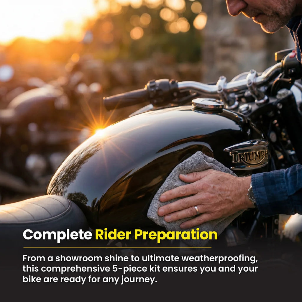 Protex All-in-One Motorcycle Care Kit Ceramic Wash, Ceramic Spray Coating, Rain Repellent Visor Spray, Leather Cleaner & Conditioner & Fabric Waterproofer