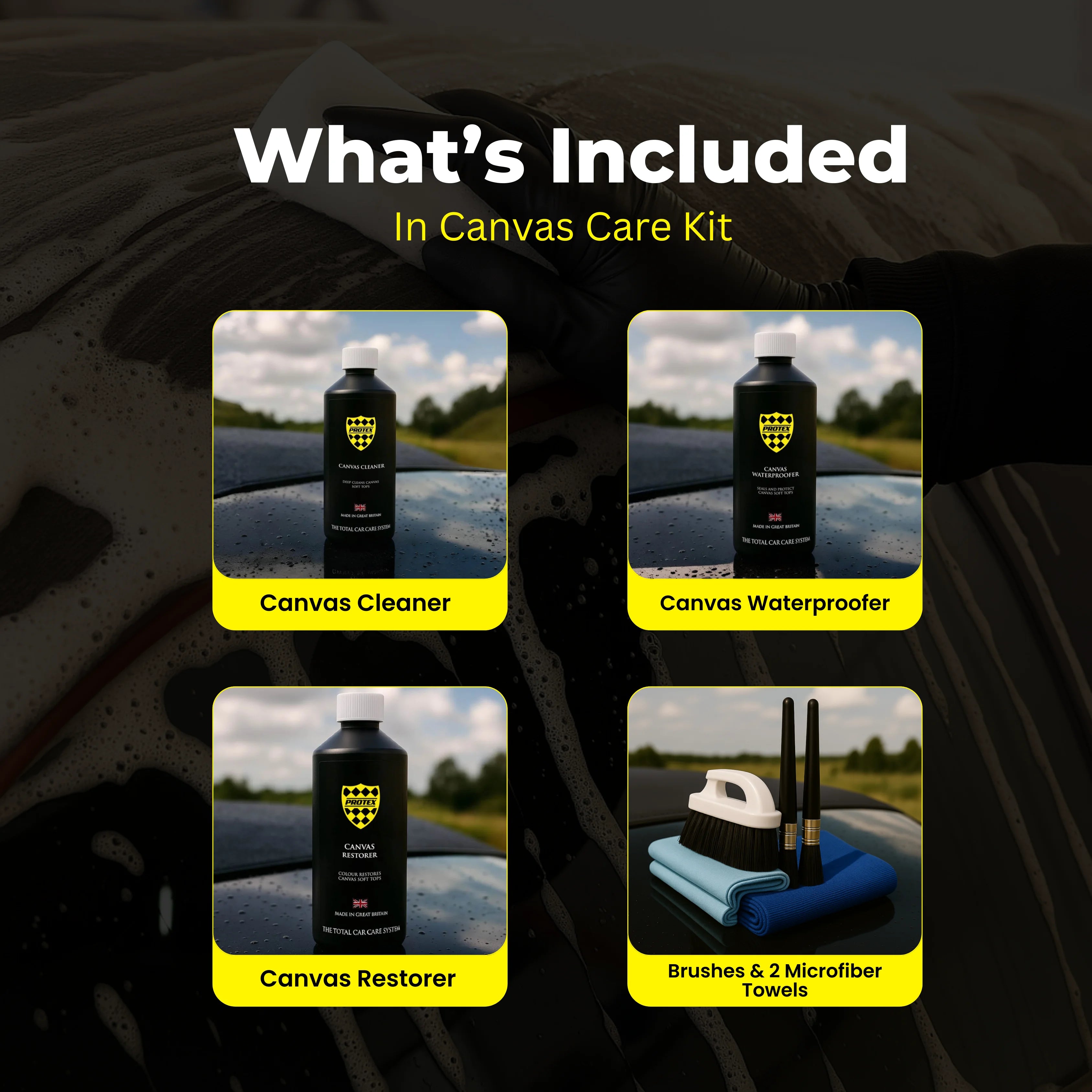 Protex Convertible Soft Top Canvas Cleaner/Restorer(BLACK)/Waterproofer 1Ltr. - COMPLETE KIT