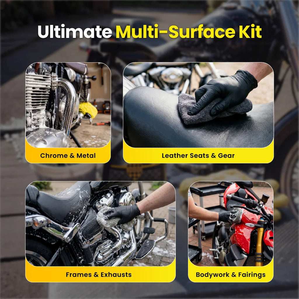 Protex All-in-One Motorcycle Care Kit Ceramic Wash, Ceramic Spray Coating, Rain Repellent Visor Spray, Leather Cleaner & Conditioner & Fabric Waterproofer