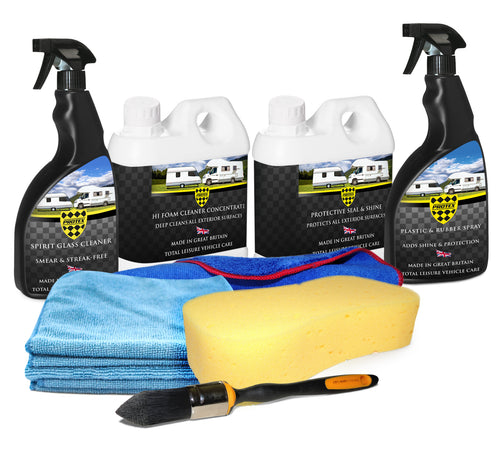Protex Caravan & Motorhome Advanced Complete Cleaning Kit - Hi Foam Cleaner Concentrate 1 Ltr., Protective Seal & Shine 1 Ltr., Spirt Glass Cleaner 750ml & Plastic & Rubber Spray 750ml